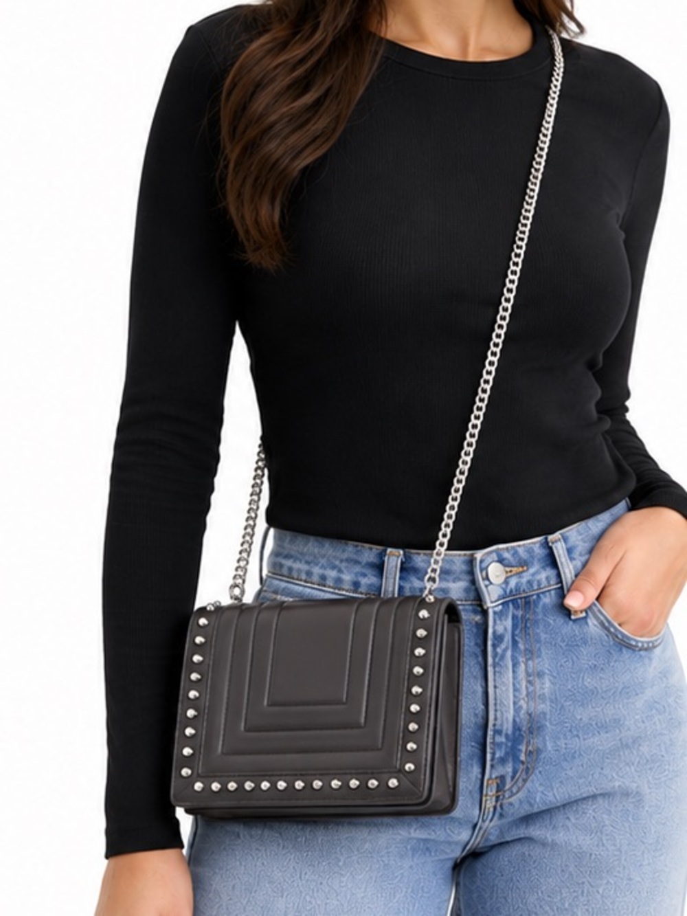 NEW - LUANA Italy “Devon Mini Crossbody” Grey Silver Studded Chain Leather Purse - Picture 1 of 7